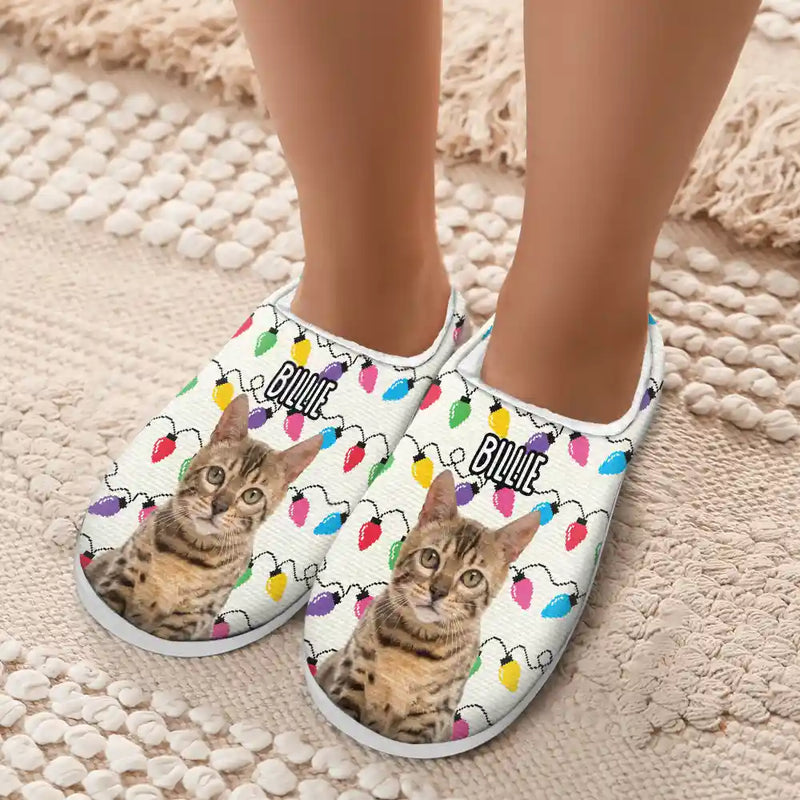 Custom Photo Christmas Light Pet Face - Personalized Fluffy Slipper