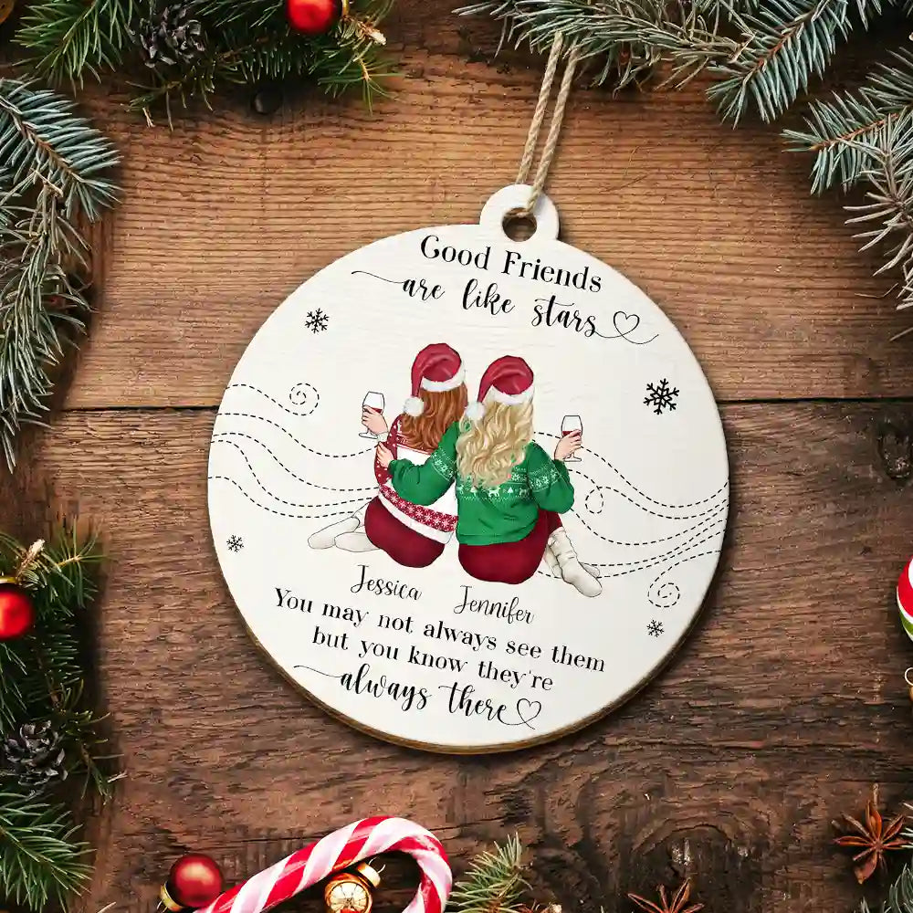 Gift For Bestie - Friends Are Like Stars - Personalized Custom Shaped Wooden Ornament