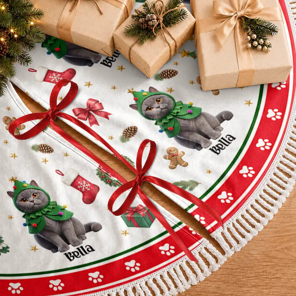 Art Design,Christmas,Custom Photo,Gift For Mother,Gifts For Her,Happy,Pet Lovers,Pet Mom,Photo - Christmas Accessories 3D Cartoon Pet - Christmas Decor Gift For Pet Lovers - Personalized Custom Photo Pet Name Festive Pattern Tree Skirt