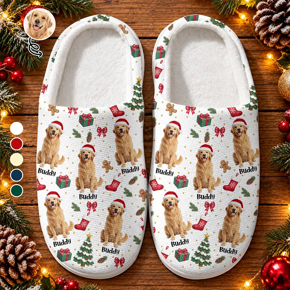 Christmas Gift For Pet Mom - Personalized Custom Photo Pet Name Festive Pattern Fluffy Slippers
