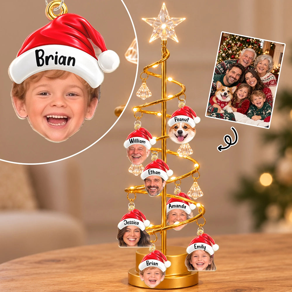 Christmas,Custom Photo,Cut-Face Photo,Family,Happy - Family Together Santa Hat Custom Name - Personalized Custom Photo Christmas LED Tree Lights