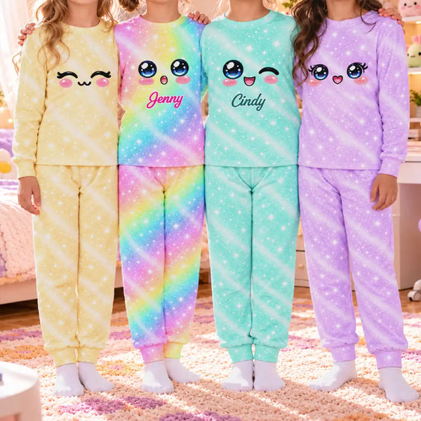 Adorable,Christmas,Custom Text,Gift For Children,Gift For Daughter,Gifts For Her,Top Market - Gift For Daughter Granddaughter Sisters - Personalized Name Cute Dumpling Kawaii Face Sparkle Pastel Kid Pajamas Set