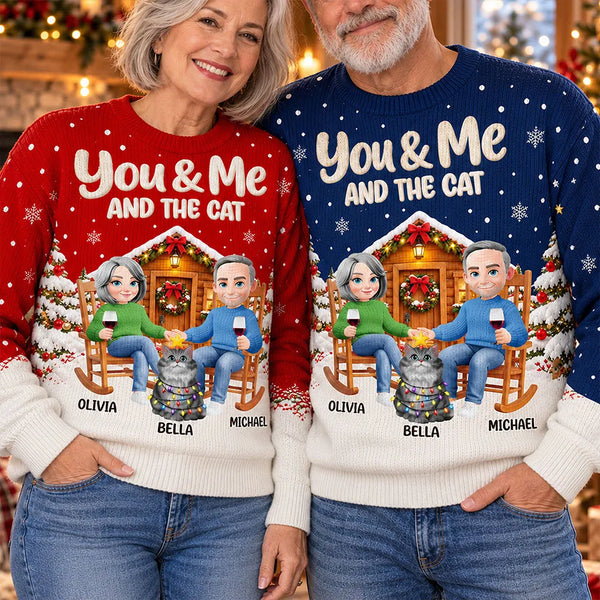 Cat Couple,Cat Lovers,Christmas,Gift For Couples,Happy,Pet Lovers,Vector - Christmas Gift For Pet Couples - Personalized You & Me And The Cats Unisex Ugly Sweater