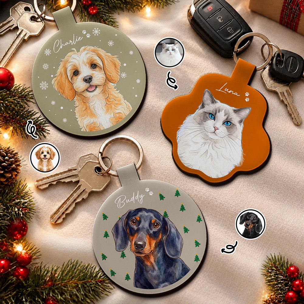 Art Design,Christmas,Custom Photo,Pet Lovers,Photo - Vivid Watercolor Art,Playful - Christmas Gift For Pet Lover - Personalized Custom Photo Watercolor Pet Portrait With Name Leather Keychain