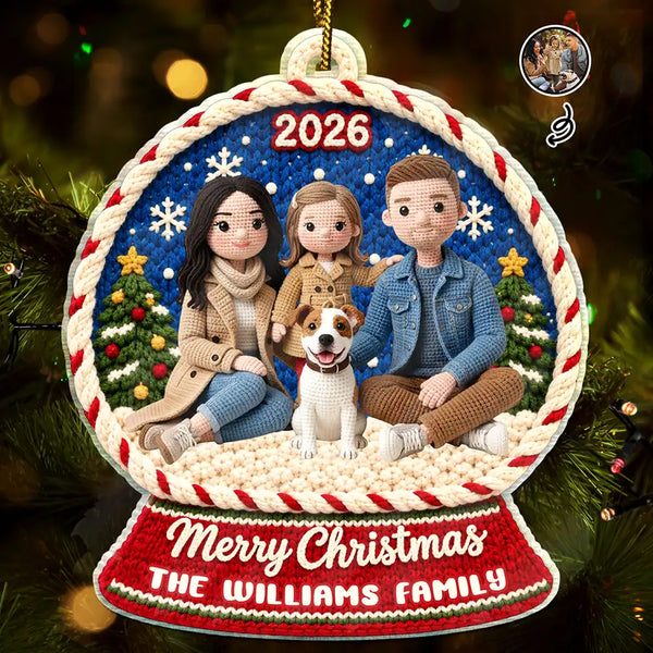 Art Design,Christmas,Custom Photo,Family,Photo - Crochet Doll Effect,Playful - Christmas Decor For Family With Kids And Pets - Personalized Custom Photo Family Portrait In Crochet Effect Acrylic Ornament