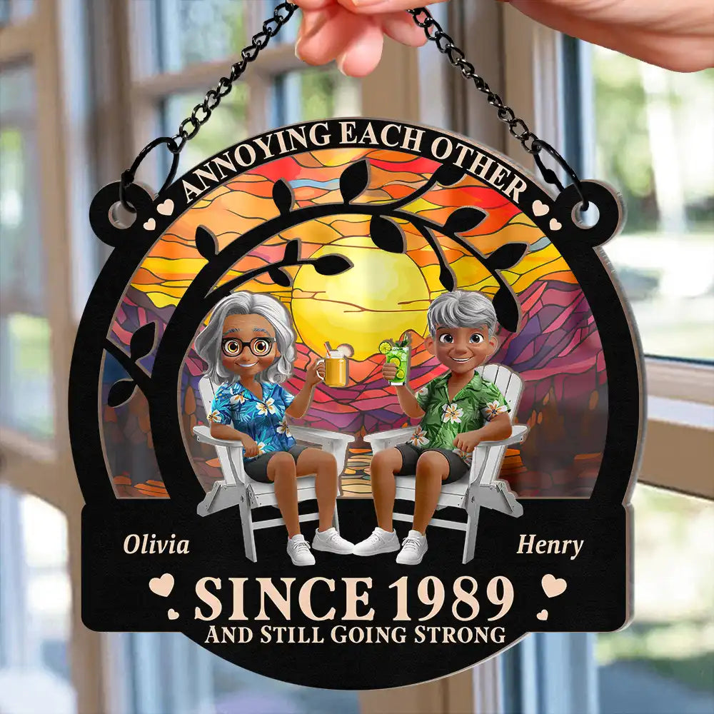 Old Couples,Gift For Husband,Gift For Wife,Gift For Boyfriend,Gift For Girlfriend,Love - 3D Effect Couple Annoying Each Other - Personalized Window Hanging Suncatcher Ornament