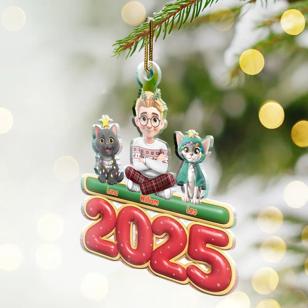Cat Mom,Cat Dad,Cat Lovers,Pet Lovers,Pet Mom,Pet Dad,Christmas,Happy - 3D Effect Woman Man Sitting With Cats - Personalized Custom Shaped Acrylic Ornament