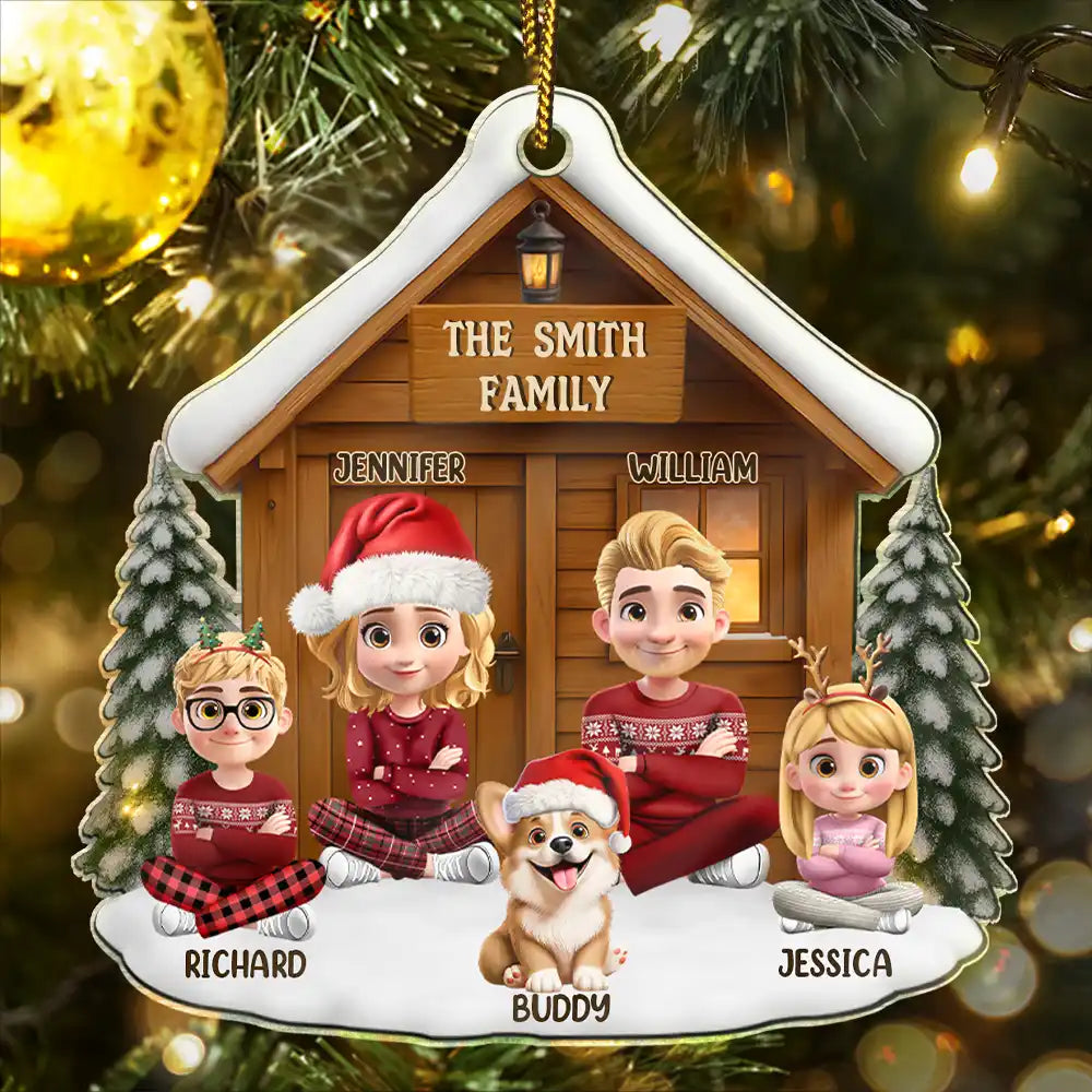 Christmas Sitting Family Parents Kids Pets - Personalized Custom Shaped Acrylic Ornament