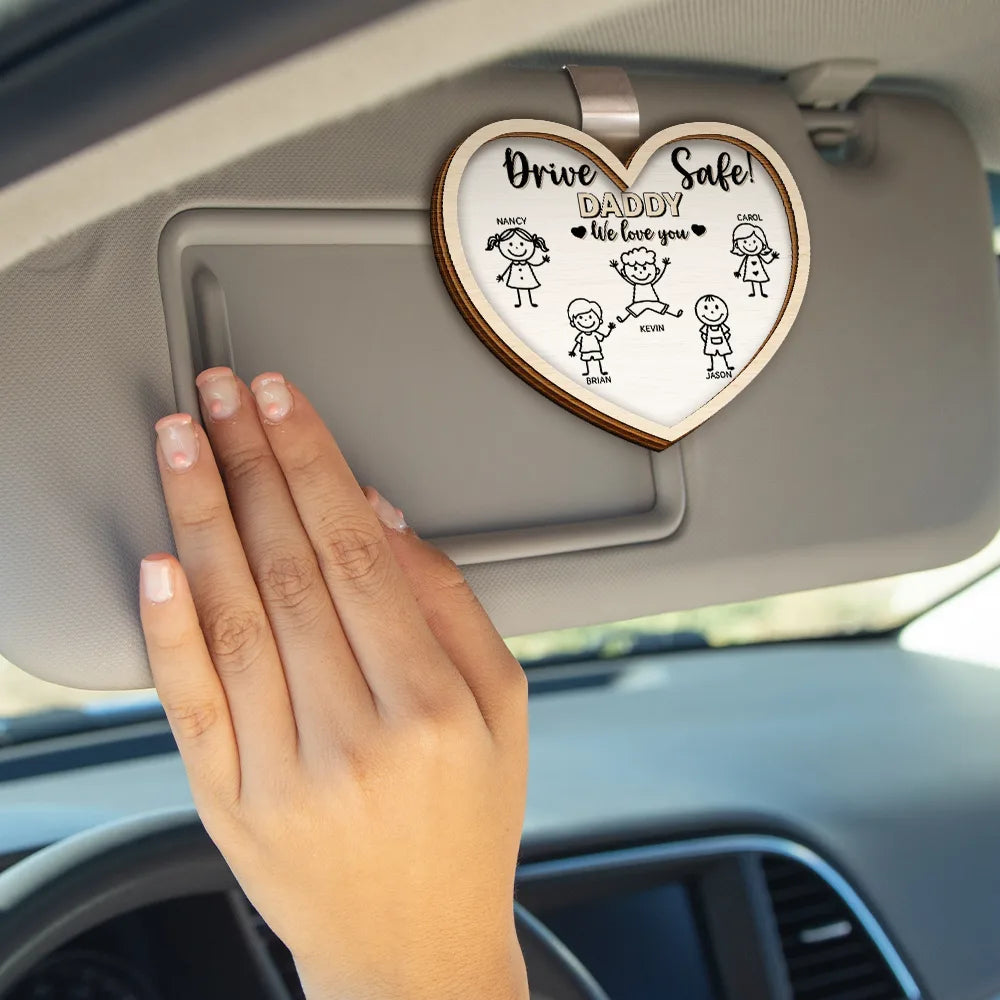 Stick Figure,Gift For Father,Gift For Grandpa,Gift For Mother,Gift For Grandma,Happy - Drive Safe Daddy Kid Stick Figures Heart Shaped - Personalized Custom Shaped Car Visor Clip