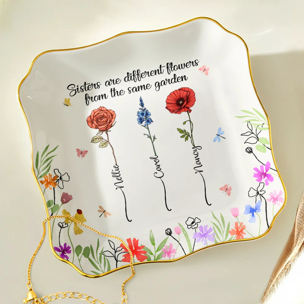 Birth Flower Sisters From The Same Garden - Personalized Lace Square Jewelry Dish