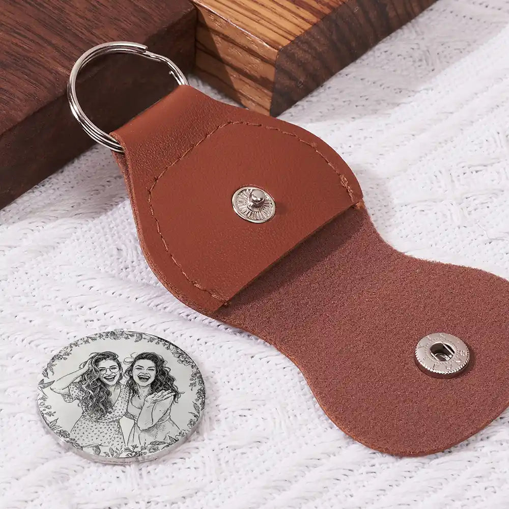 Gift For Bestie,Old Best friends,Gift For Sisters,Happy,Custom Photo - Custom Photo Pencil Sketch A True Friendship Is A Journey Without An End - Personalized Leather Pocket Hug