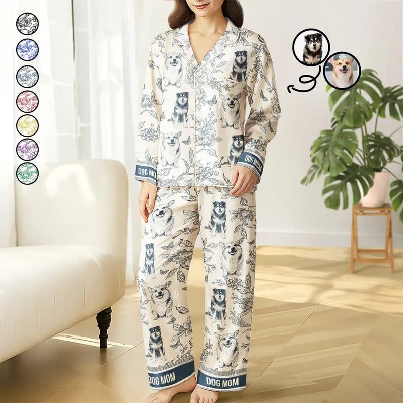 Custom Photo,Pet Lovers,Pet Mom,Happy - Custom Photo Pencil Sketch Portrait Dog Mom Pet Mom Toile Pattern - Personalized Satin Pajama Set