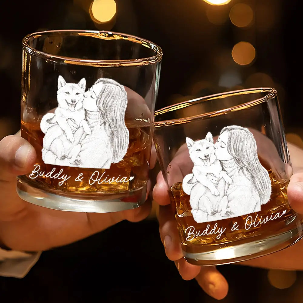Gift For Mother,Gift For Father,Love,New Dad,New Mom,Photo - Pencil Sketch (White BG) - Custom Photo Pencil Sketch Art Family Dog Cat Portrait - Personalized Whiskey Glass