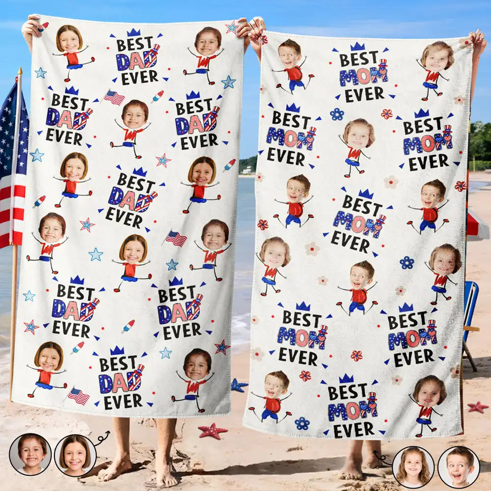 Custom Photo Stars & Stripes Best Dad Mom Grandpa Grandma Ever - Personalized Beach Towel