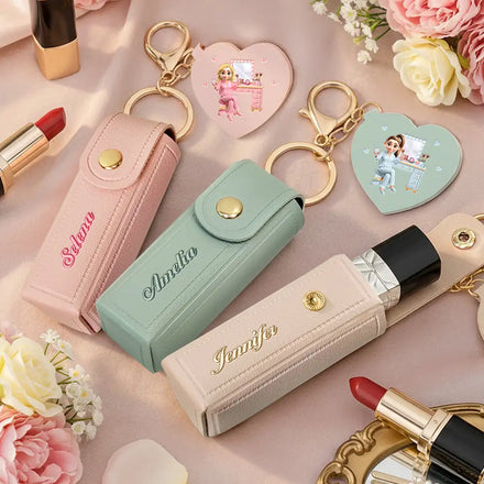 Makeup Girl With Custom Name - Personalized Leather Lipstick Case Keychain With Mirror