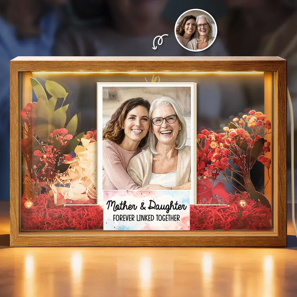 Custom Photo Watercolor Painting Mother And Daughter Forever Linked Together - Personalized Flower Light Box