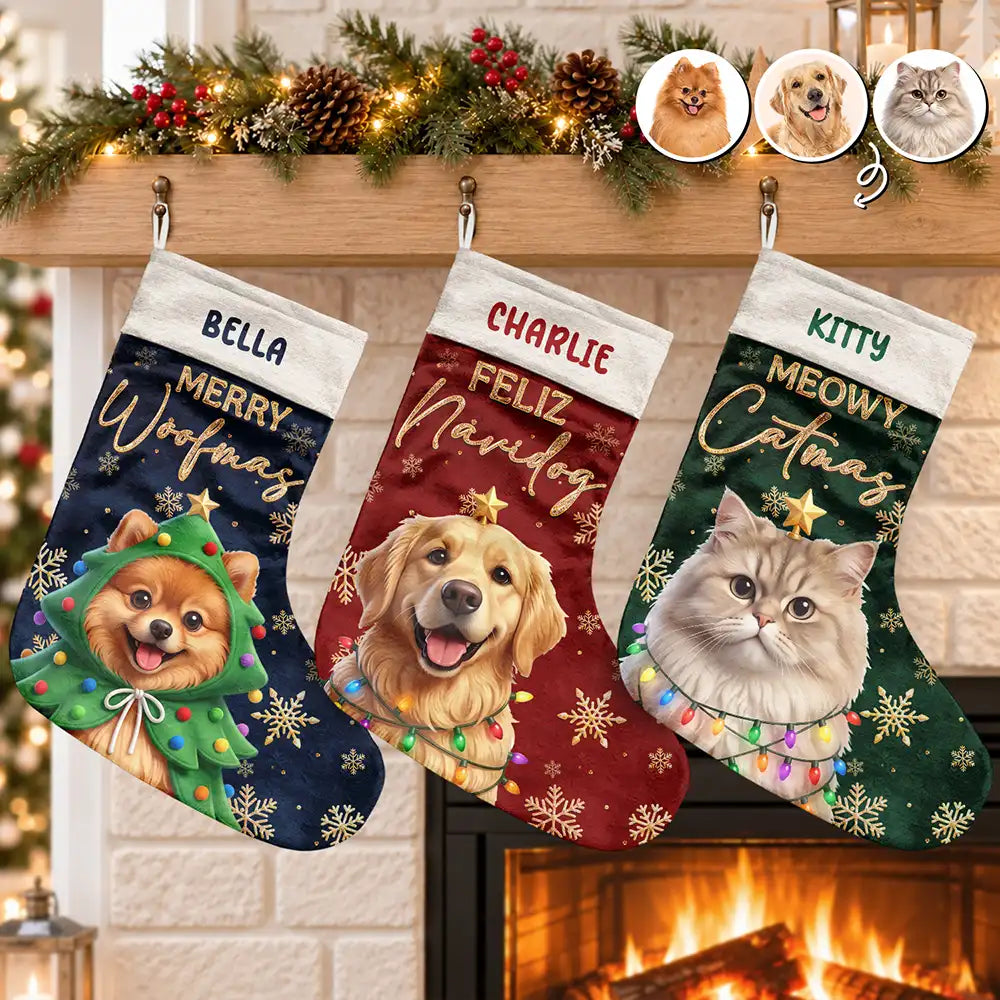 Custom Photo 3D Christmas Themed Pet Feliz Navidog Merry Woofmas - Personalized Christmas Stocking
