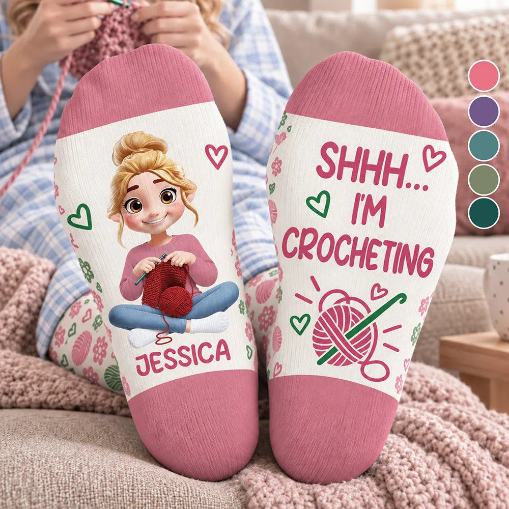 Birthday Gift For Crocheter Knitter Mom Grandma Yourself - Personalized Name & Character Just One More Row Socks