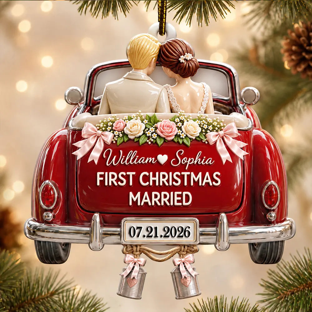 First Christmas Gift For Newlyweds - Personalized Mr And Mrs Names Just Married Car Embossed Ornament