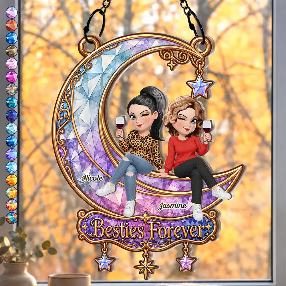 Afro Besties,Christmas,Gift For Bestie,Playful,Vector - Best Friend Keepsake - Personalized Besties Forever Sitting On Moon Window Hanging Suncatcher Ornament