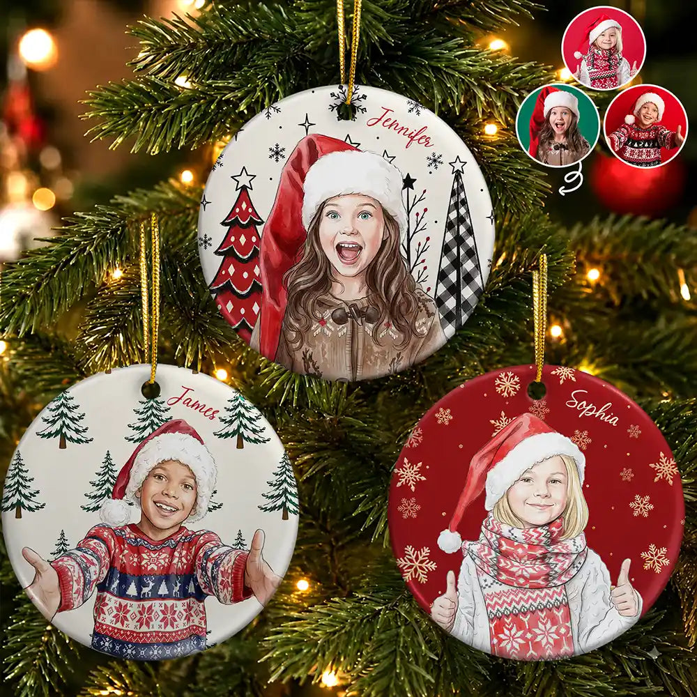 Christmas Gift For Kids - Personalized Custom Photo Watercolor Keepsake Circle Ceramic Ornament