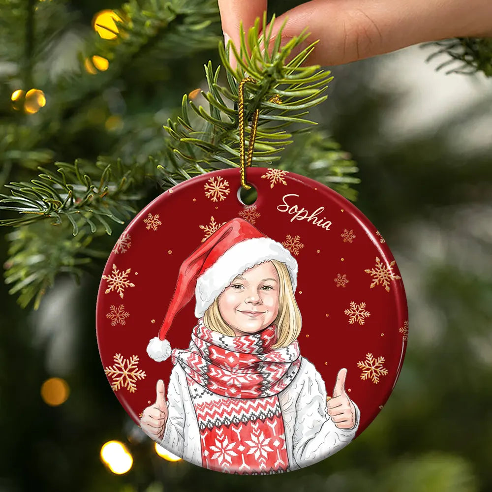 Art Design,Christmas,Custom Photo,Gift For Grandma,Gifts For Her,Happy,Photo - Vivid Watercolor Art - Christmas Gift For Kids - Personalized Custom Photo Watercolor Keepsake Circle Ceramic Ornament