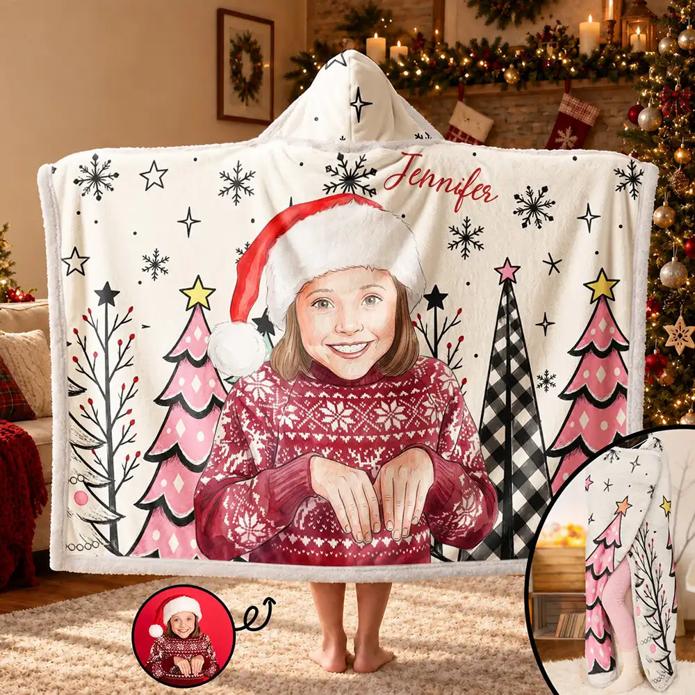 Christmas Gift For Kids - Personalized Custom Photo Watercolor Cute Boy Girl Wearable Hooded Blanket