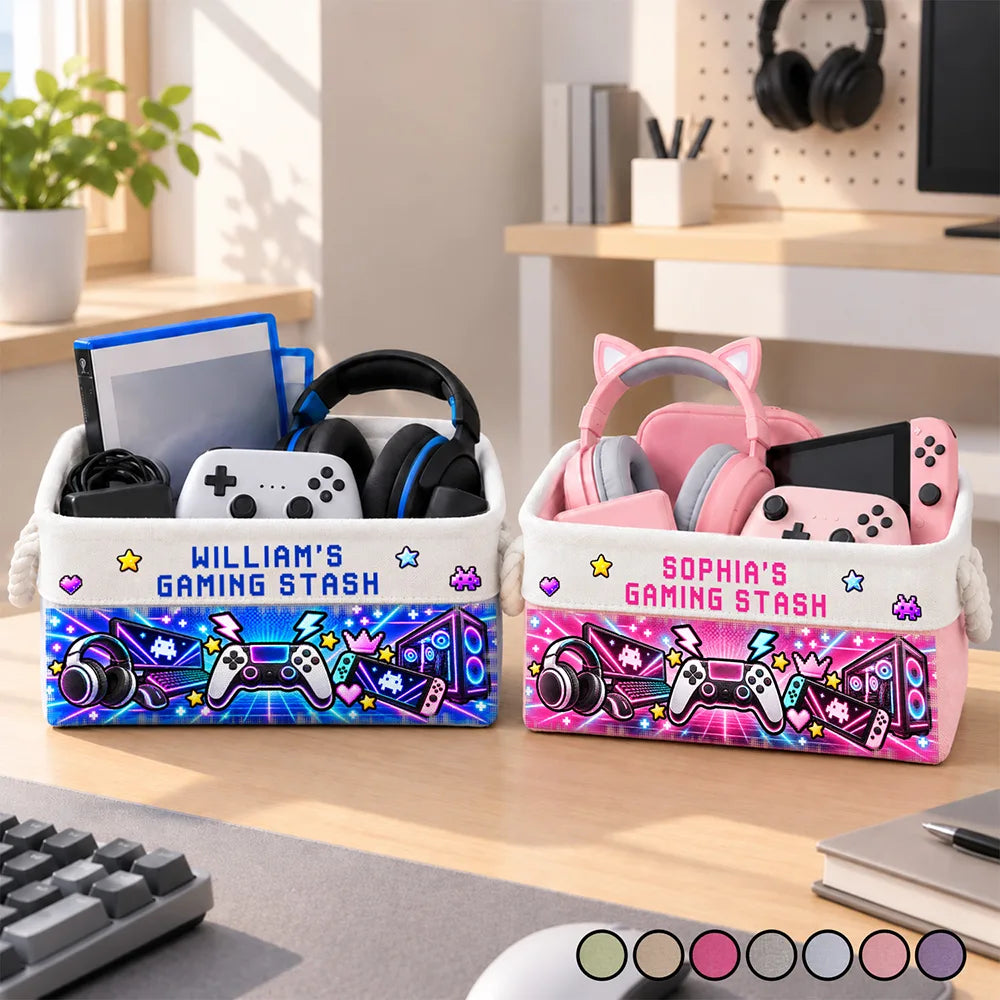 Christmas, Confident, Custom Text, Gaming, Gift For Kids, Top Market - Gift For Gaming Lovers Son Teen Boy - Personalized Name Neon Gaming Basket Storage Basket