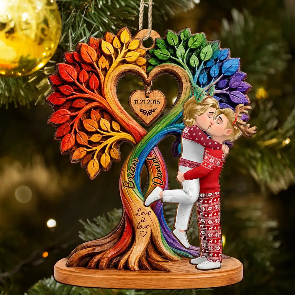 Anniversary,Christmas,Gift For Couples,Old Couples,Romantic,Vector - Christmas Gift For Couples - Personalized Heart Tree 2-Layered Wooden Ornament