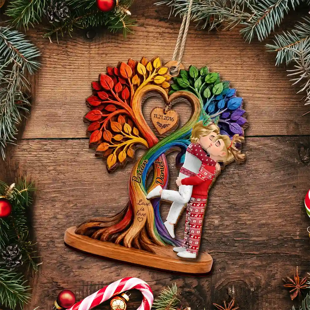 Anniversary,Christmas,Gift For Couples,Old Couples,Romantic,Vector - Christmas Gift For Couples - Personalized Heart Tree 2-Layered Wooden Ornament