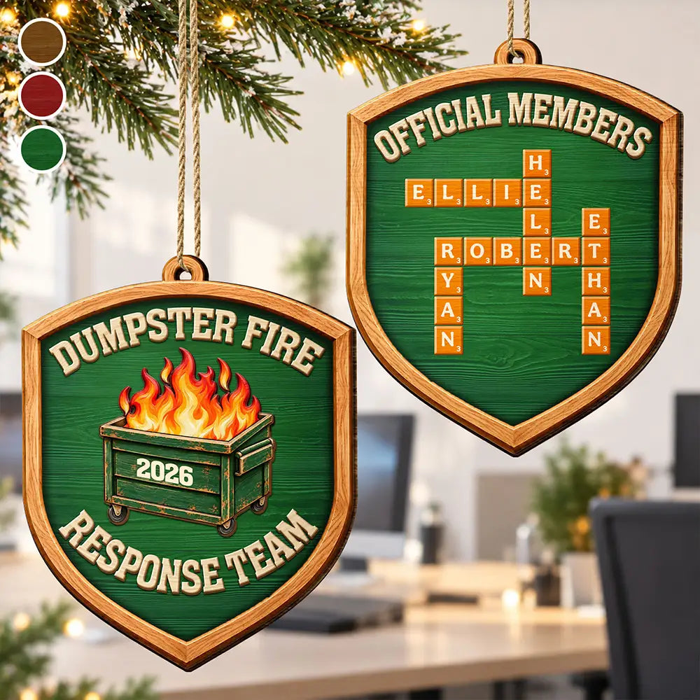 Funny Coworker Christmas Gift - Personalized Crossword Dumpster Fire Response Team Wooden Ornament Print 2 Sides