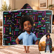 Art Design,Custom Photo,Gift For Kids,Happy,Photo - Cartoon Portrait - Christmas Gift For Kids - Personalized Custom Photo Name Cute Pattern Wearable Hooded Blanket