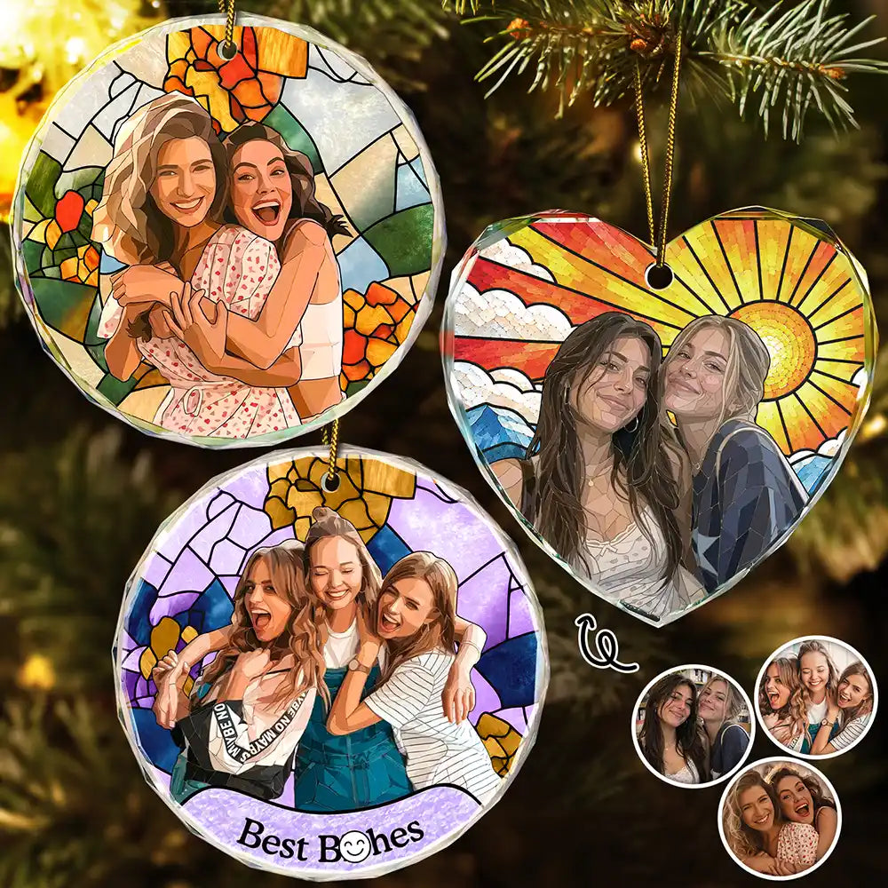 Christmas Gift For Besties - Personalized Custom Photo Stained Glass Effect Glass Ornament