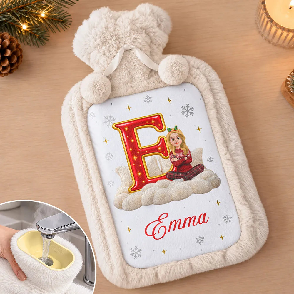 Christmas Birthday Gift For Her - Personalized Initial With Character And Name Hot Water Bottle