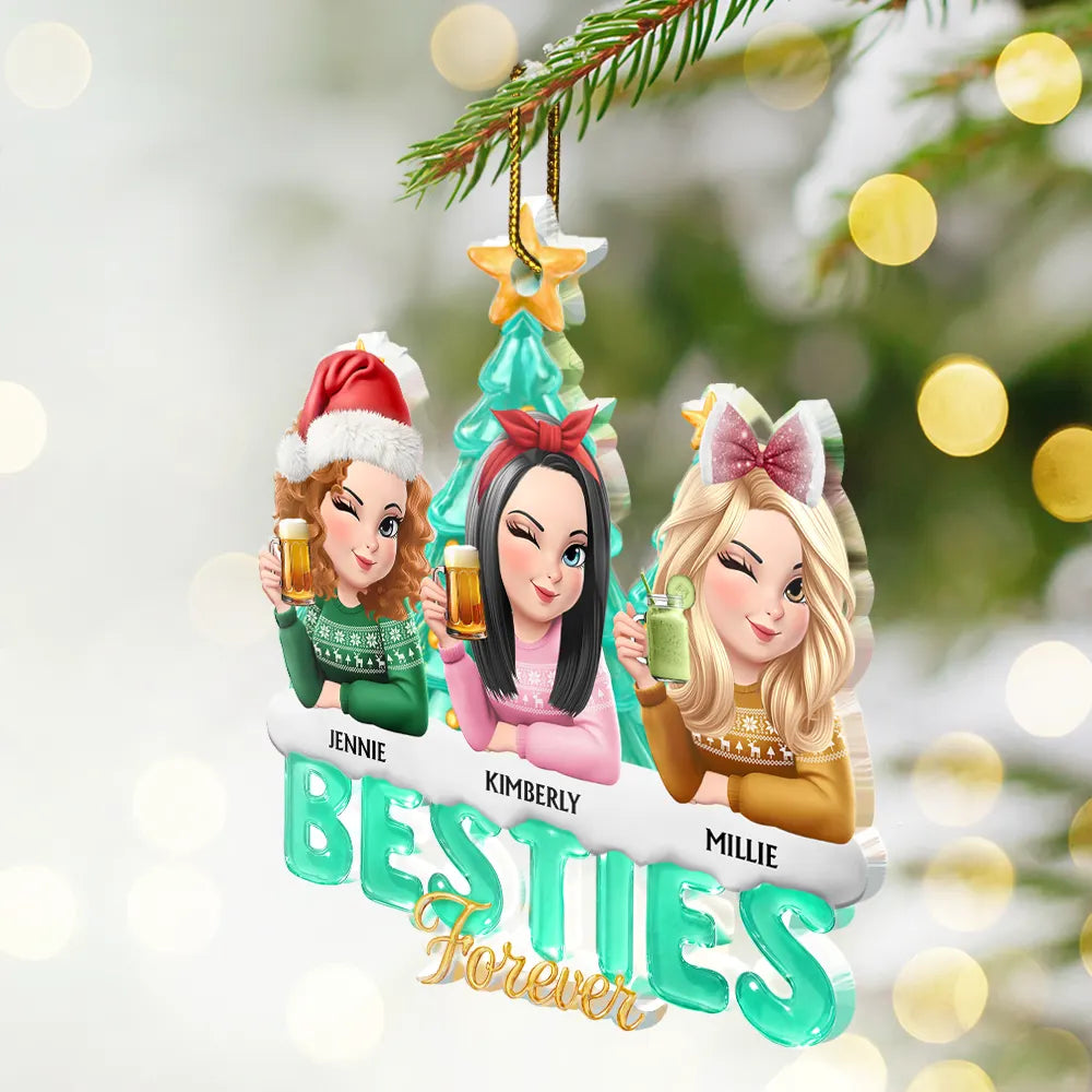 Christmas,Gift For Bestie,Non-Eng,Gift For Sisters - Besties Sisters Forever Christmas Tree Sea Glass Effect - Personalized Custom Shaped Acrylic Ornament