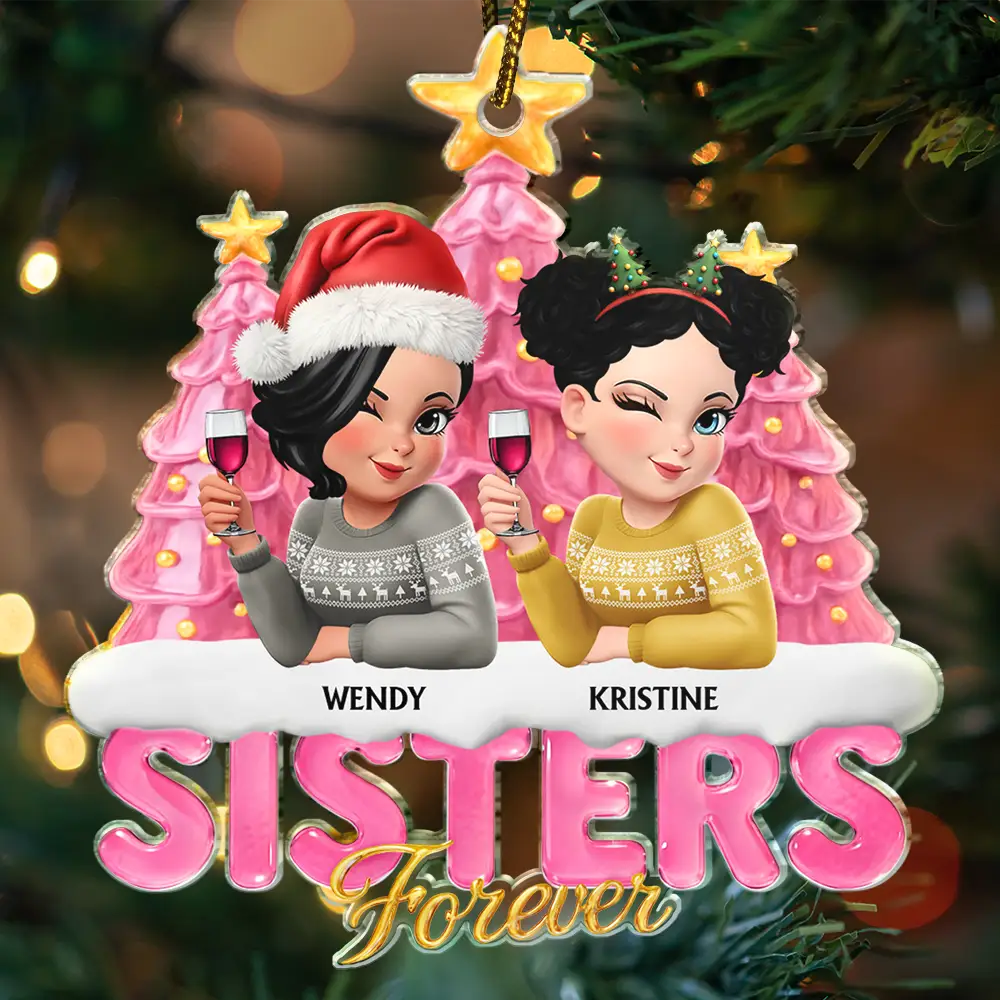 Christmas,Gift For Bestie,Non-Eng,Gift For Sisters - Besties Sisters Forever Christmas Tree Sea Glass Effect - Personalized Custom Shaped Acrylic Ornament