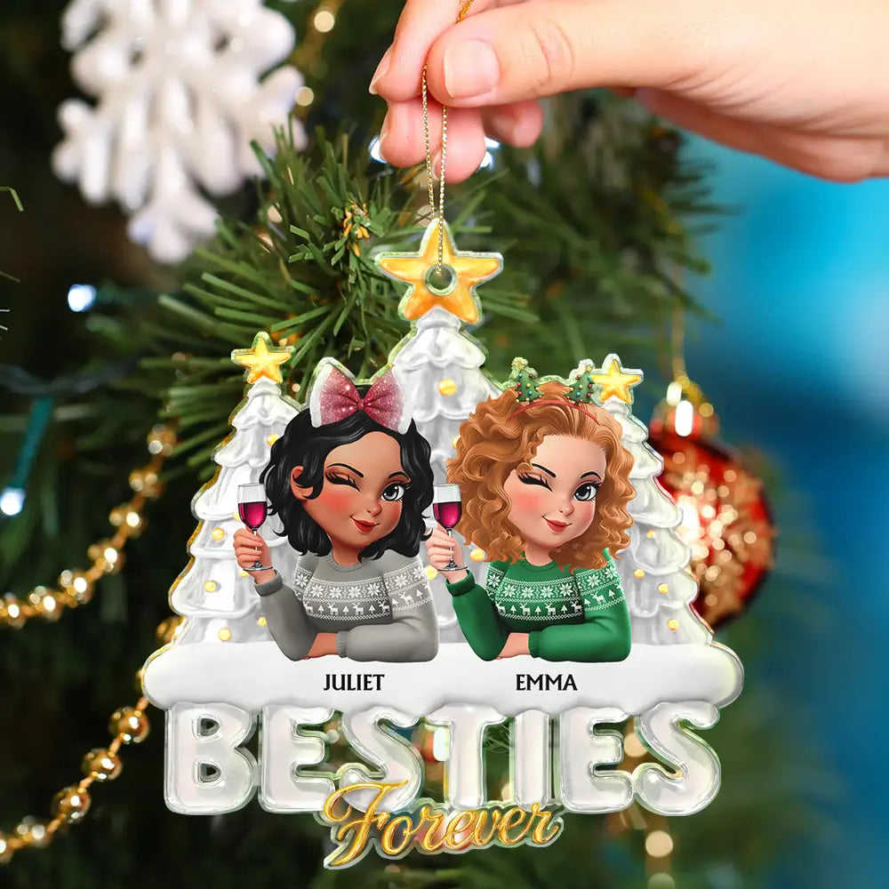 Christmas,Gift For Bestie,Non-Eng,Gift For Sisters - Besties Sisters Forever Christmas Tree Sea Glass Effect - Personalized Custom Shaped Acrylic Ornament