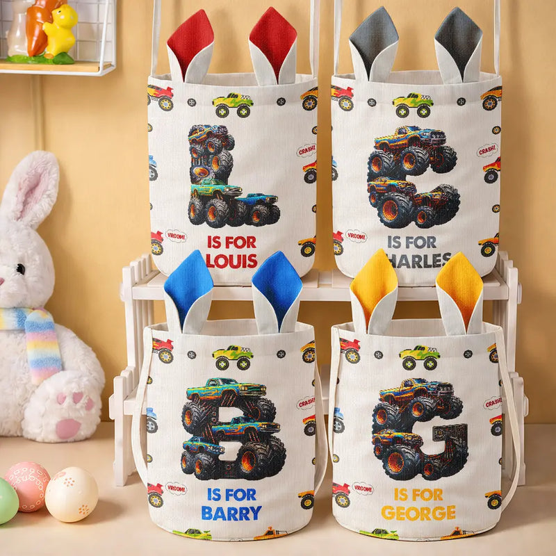 Gift For Kids,Grandpa,Grandkids,Grandma,Gift For Grandkids,Easter - Kid Monster Truck Toy Container Monogram Initial - Personalized Bunny Ears Bucket Bag