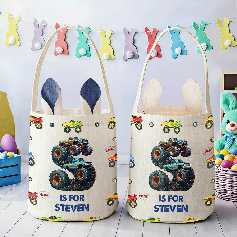 Gift For Kids,Grandpa,Grandkids,Grandma,Gift For Grandkids,Easter - Kid Monster Truck Toy Container Monogram Initial - Personalized Bunny Ears Bucket Bag