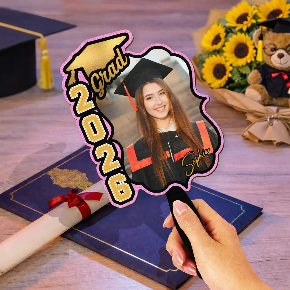 Graduation,Gift For Yourself,Gift For Women,Gift For Men,Gift For Daughter,Gift For Son,Gift For Sisters,Gift For Brothers,Gift For Bestie,Gift For Sibling,Happy - Custom Photo Congrats Graduation With Team School's Logo - Personalized Graduation Handheld Fan