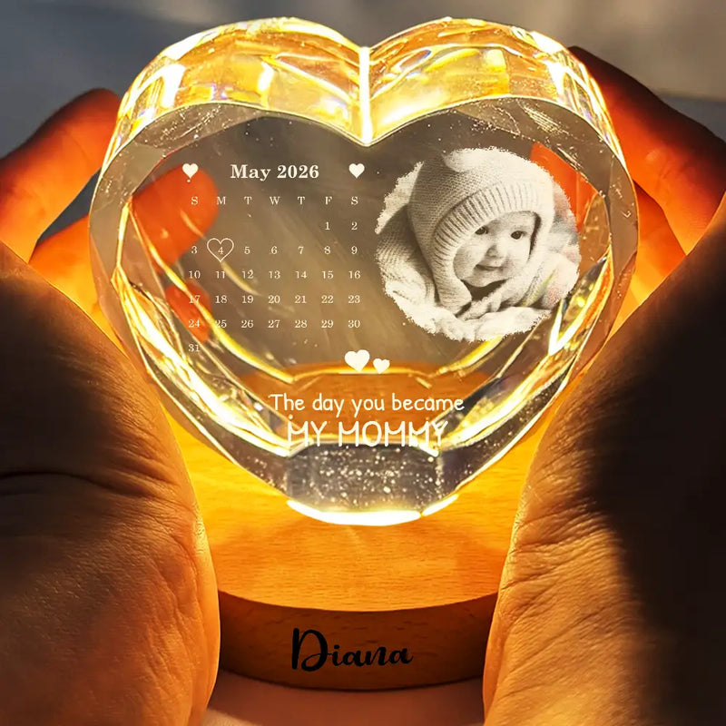 Gift For Mother,Gift For Father,New Dad,New Mom,New baby,Happy,Calendar,Photo - Calendar Custom Photo The Day You Became My Mommy Daddy - Personalized Crystal Heart Shaped Lamp