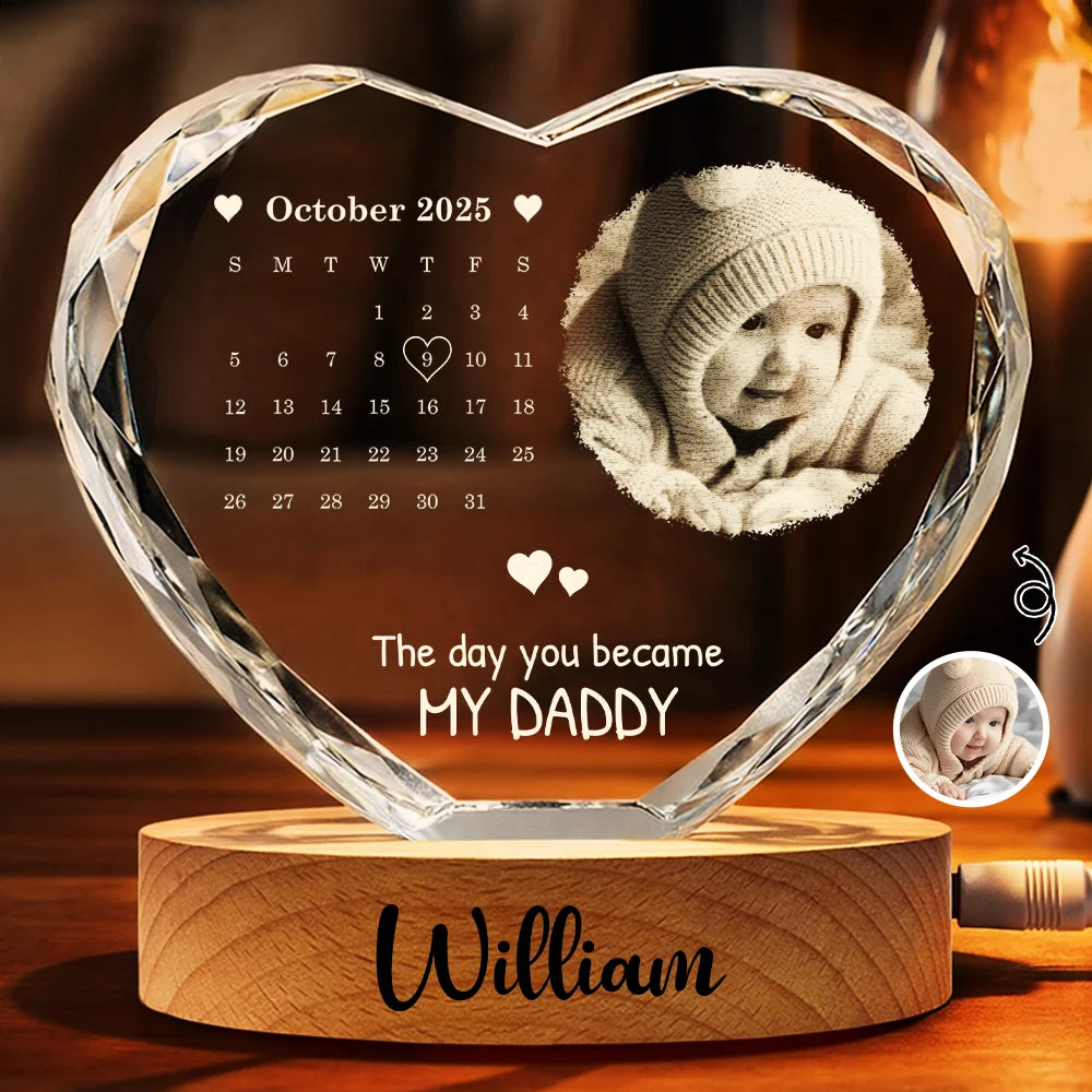 Calendar Custom Photo The Day You Became My Mommy Daddy - Personalized Crystal Heart Shaped Lamp