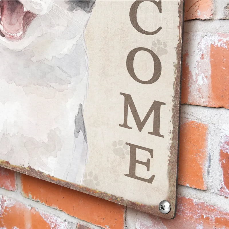 Art Design,Pet Lovers,Photo - Watercolor - Remove BG,Happy - Custom Photo Realistic Watercolor Art Hello Welcome Lovely Pet Portrait - Personalized Classic Metal Signs