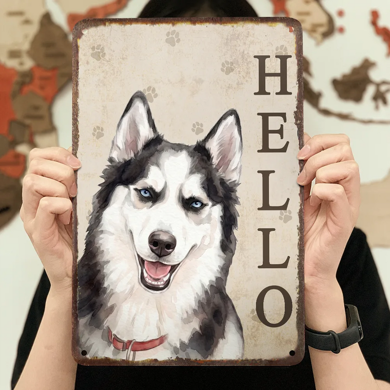 Art Design,Pet Lovers,Photo - Watercolor - Remove BG,Happy - Custom Photo Realistic Watercolor Art Hello Welcome Lovely Pet Portrait - Personalized Classic Metal Signs