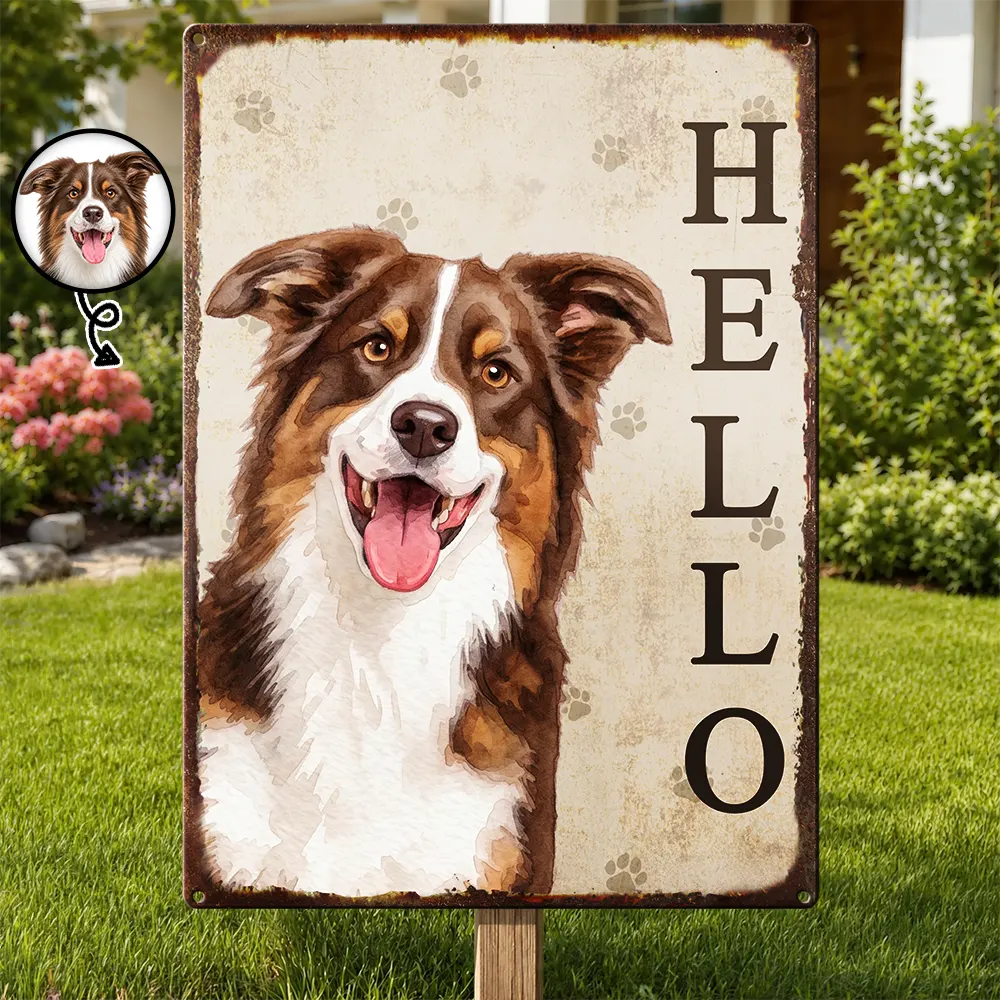 Custom Photo Realistic Watercolor Art Hello Welcome Lovely Pet Portrait - Personalized Classic Metal Signs