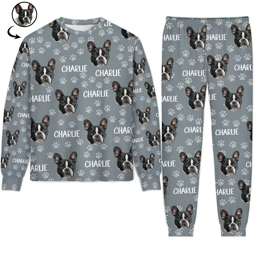 Cat Lovers,Pet Lovers,Dog Lovers,Dog Mom,Dog Dad,Cat Mom,Cat Dad,Happ - Custom Photo Funny Pet Face Pattern Dog Cat Family - Personalized Unisex Pajamas Set