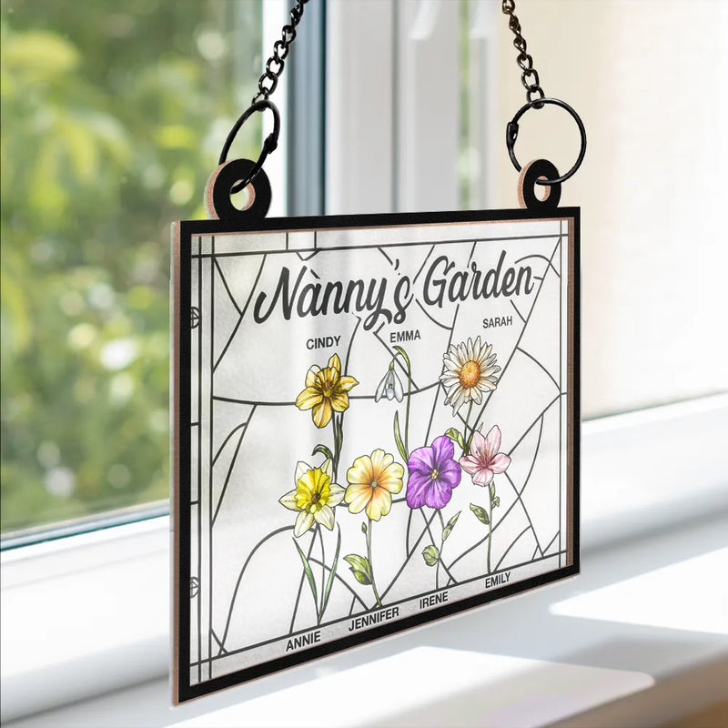 Gift For Grandma, Grandma - Grandkids, Happy - Grandma's Garden Stained Glass Birth Month Flower - Personalized Window Hanging Suncatcher Ornament