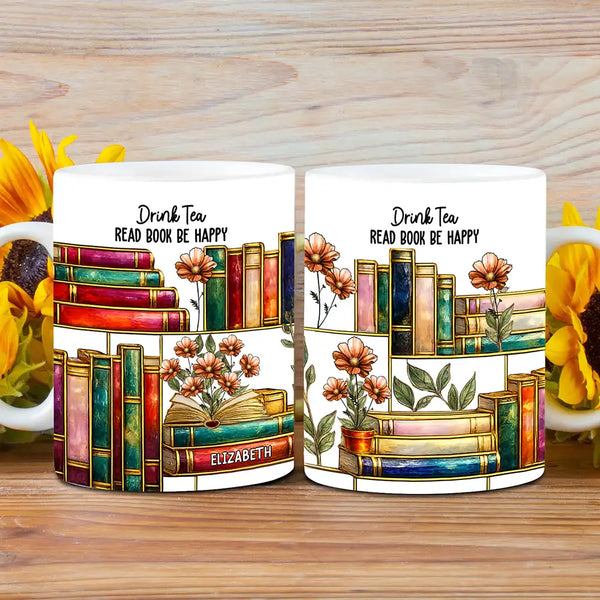 Reading,Gift For Yourself,Happy - Stained Glass Style Birth Month Flower A Girl Who Loves Books - Personalized White Edge-to-Edge Mug