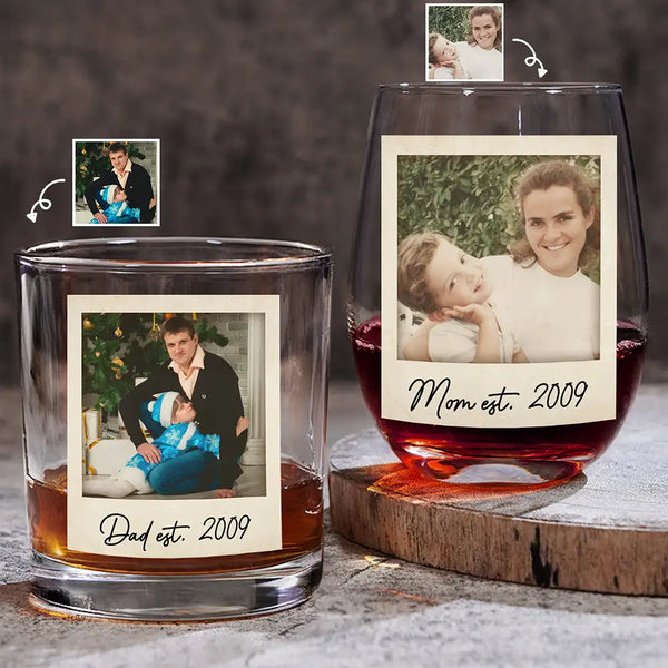 Custom Photo,Gift For Mother,Gift For Father,Happy - Custom Photo Mom Dad EST - Personalized Combo Wine & Whiskey Glass