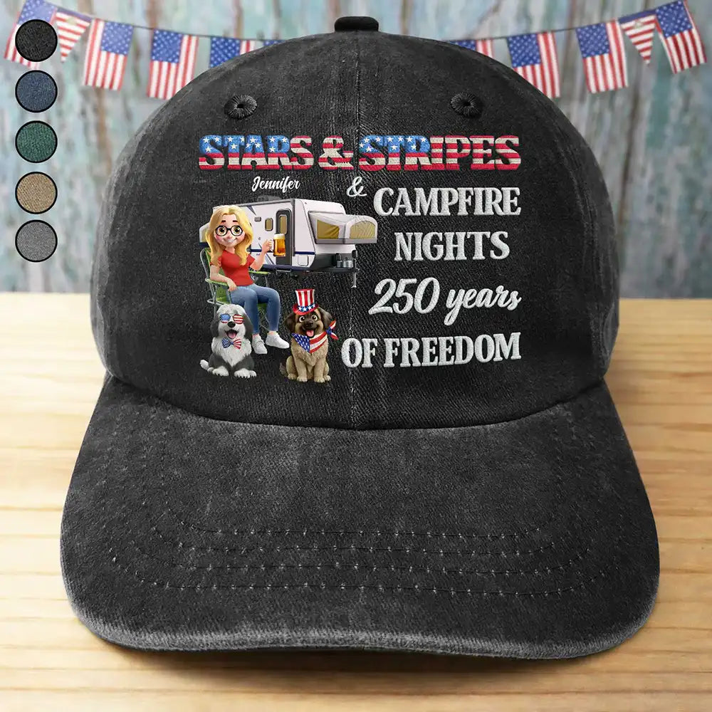 Camping,America 250th,Independence Day,Campsite,Gift For Yourself,Happy - Stars & Stripes & Campfire Nights - Personalized Vintage Washed Denim Cap